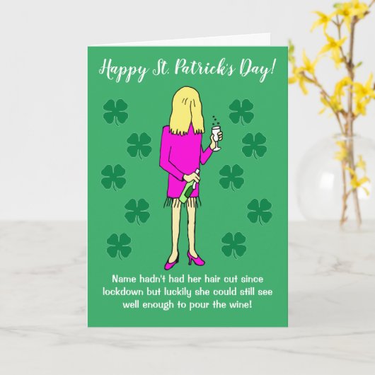 Lockdown Woman Drink Wijn St Patricks Day Card Kaart (Gele Bloem)