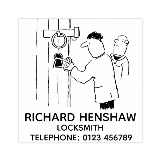 Locksmith ontgrendelt de deur van een kerk rubberstempel (Afrduk)