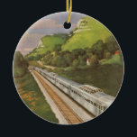 locomotief in het land, vakantie per trein keramisch ornament<br><div class="desc">Vintage illustratie van de reis- en transportroute-afbeelding met een spoorwegtrein die door het platteland rijdt met bomen in het bos die de sporen naast een kalm meer leggen.</div>