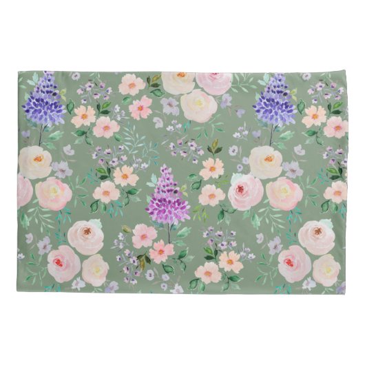 Loden Frost Green Waterverf Floral Kussensloop (Achterkant)