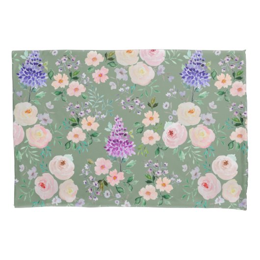Loden Frost Green Waterverf Floral Kussensloop (Voorkant)