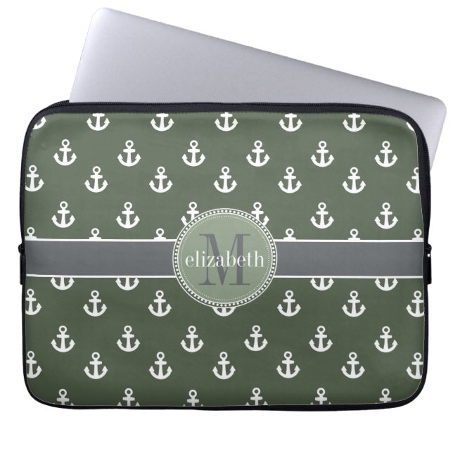 Loden Green White Ship Anchors Monogram Laptop Sleeve (Voorkant)