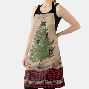 Lodge Christmas Tree Typography Wood Buffalo Check Schort