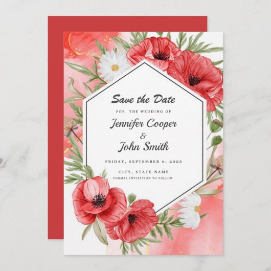 Loefse Waterverf Rode Poppies Floral Wedding Save The Date (Voorkant / Achterkant)