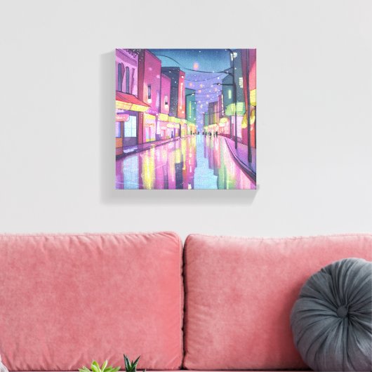 Lofi City Night Lights | kleurrijke Waterverf Canvas Afdruk (Insitu (Woonkamer))