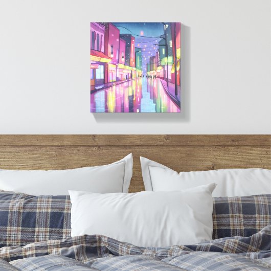 Lofi City Night Lights | kleurrijke Waterverf Canvas Afdruk (Insitu (Slaapkamer))