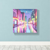 Lofi City Night Lights | kleurrijke Waterverf Canvas Afdruk (Insitu (Houten vloer))
