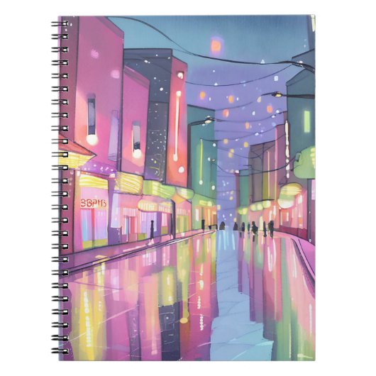 Lofi City Night Lights | kleurrijke Waterverf Notitieboek (Voorkant)