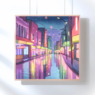Lofi City Night Lights   kleurrijke Waterverf Poster