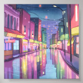 Lofi City Night Lights | kleurrijke Waterverf Poster (Voorkant)
