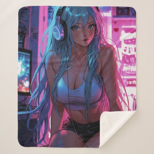 Lofi Gamer Meisje | Chille Anime Esthetiek Sherpa Deken (Voorkant)