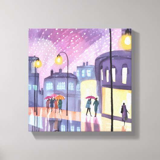 Lofi Rainy Walk | Kleurrijke City Lights Waterverf Canvas Afdruk (Voorkant)
