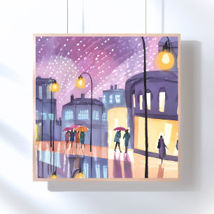 Lofi Regenachtige Wandeling Kleurrijke Stadslich Poster