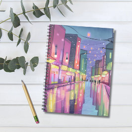 Lofi Stad Nachtverlichting | Kleurrijk Aquarel Notitieboek