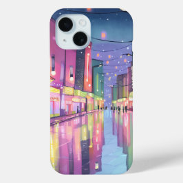 Lofi Stad Nachtverlichting | Kleurrijk Waterverf iPhone 15 Case
