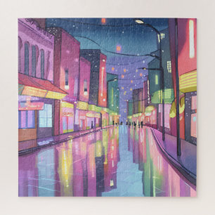 Lofi Stad Nachtverlichting   Kleurrijk Waterverf Legpuzzel