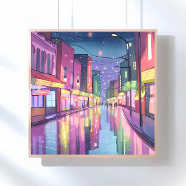 Lofi Stad Nachtverlichting | Kleurrijk Waterverf Poster