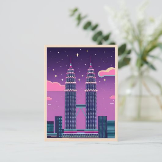 LoFi Vaporwave Retro 80s Petronas Towers Maleisië Briefkaart (Staand voorkant)