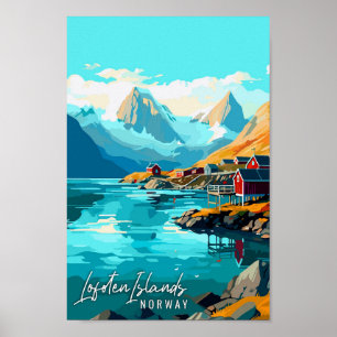 Lofoten Eilanden Noorwegen vintage reisillustratie Poster