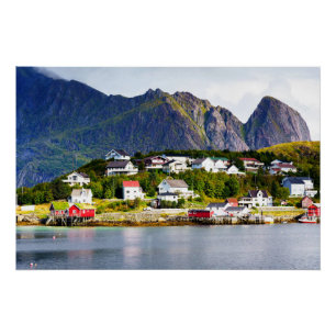 Lofoten Norway Reine, dorpje onder zonnige blauwe  Perfect Poster
