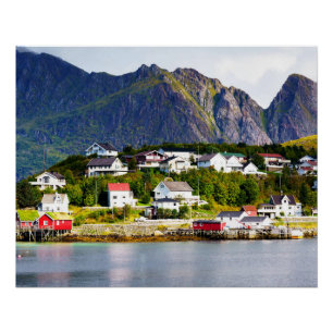 Lofoten Norway Reine, dorpje onder zonnige blauwe  Perfect Poster