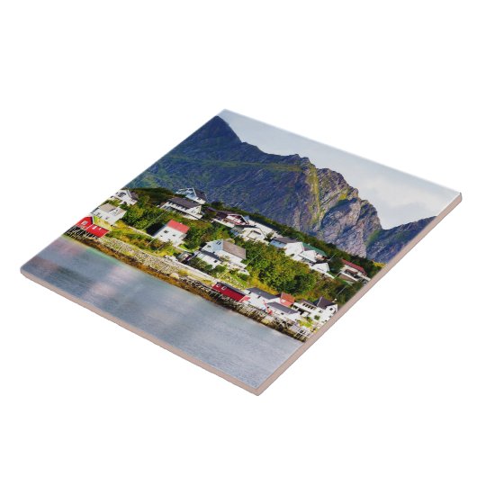 Lofoten Norway Reine, dorpje onder zonnige blauwe  Tegeltje (Zijkant)