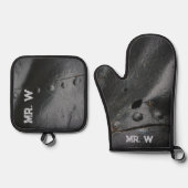 Loft stijl minimalistische black metal ovenwant & pannenlap set (Voorkant)