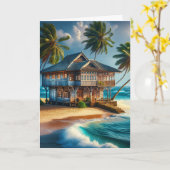  Log Cabin Beach House Happy Blank Kaart (Gele Bloem)