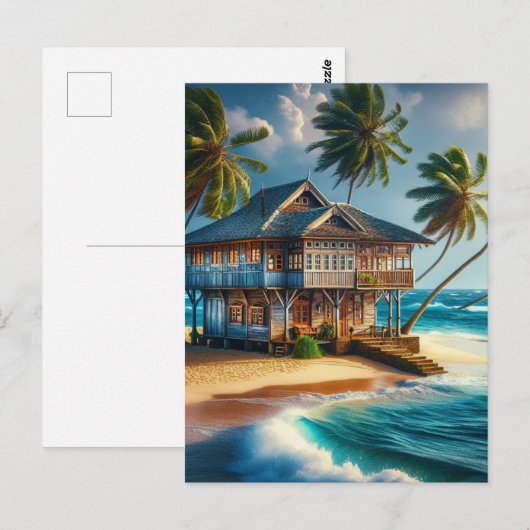  Log Cabin Beach House Happy Briefkaart (Voorkant / Achterkant)