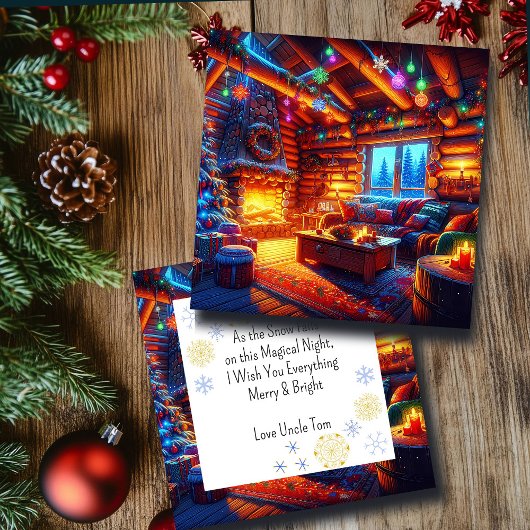 Log Cabin en warme open haard op kerstavond