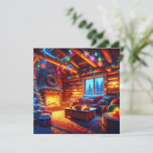 Log Cabin en warme open haard op kerstavond (Staand voorkant)