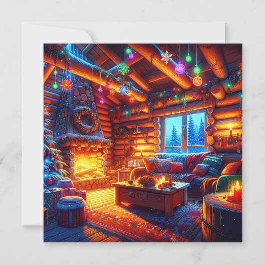 Log Cabin en warme open haard op kerstavond (Voorkant)