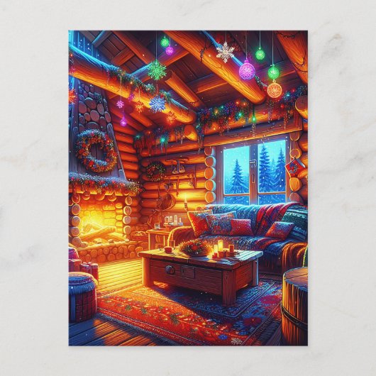 Log Cabin en warme open haard op kerstavond Briefkaart (Voorkant)