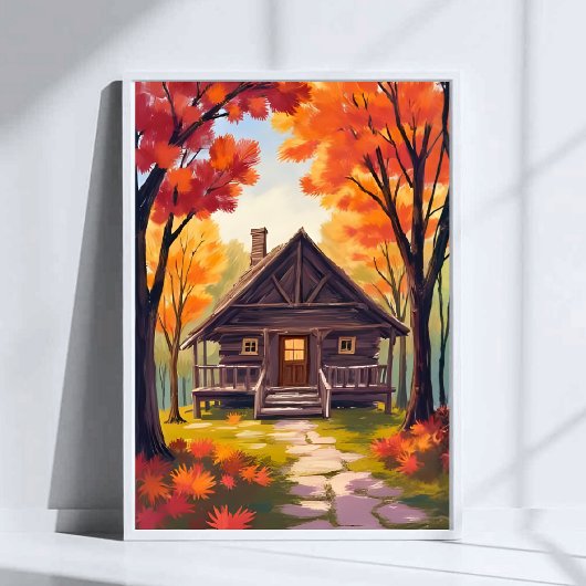 Log Cabin | Fall Foliage Forest Watercolor Poster