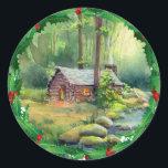 LOG CABIN HOLLY CHRISTMAS DOOR SHARON SHARPE RONDE STICKER<br><div class="desc">LOG CABIN HOLLY CHRISTMAS van een originele waterverf van SHARON SHARPE</div>