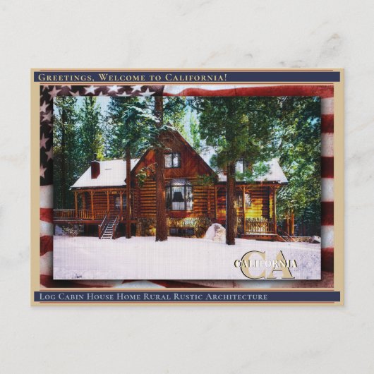 Log Cabin House Home Rural Rustic Linen + vlag Briefkaart (Voorkant)