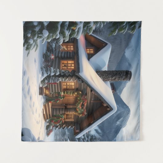 Log Cabin Kerst Tapestry Wandkleed (Voorkant (horizontaal))