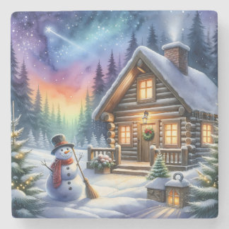 Log Cabin - Kerstmis Stenen Onderzetter