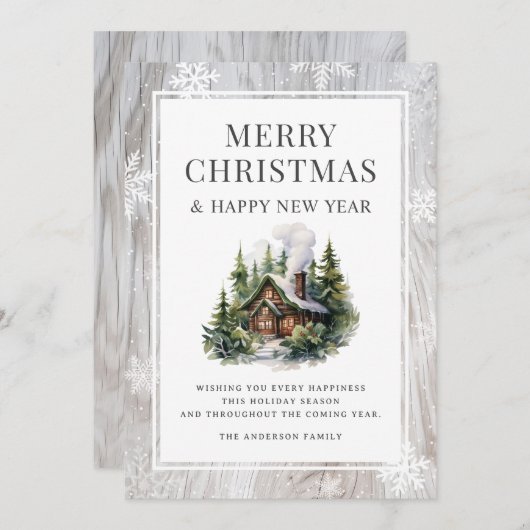 Log Cabin Merry Christmas Sneeuwvlokken Rustiek Ho Feestdagenkaart (Voorkant / Achterkant)