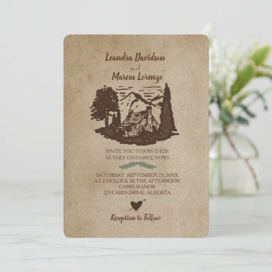 Log Cabin Mountains rustieke bruiloft uitnodiging (Staand voorkant)