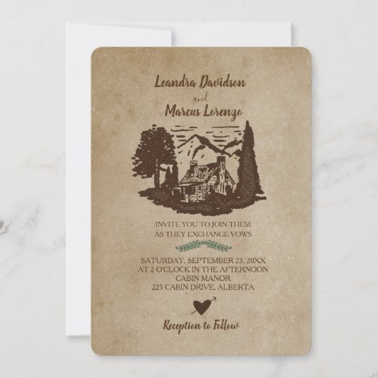 Log Cabin Mountains rustieke bruiloft uitnodiging (Voorkant)