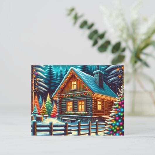 Log Cabin op kerstavond gepersonaliseerd Briefkaart (Staand voorkant)