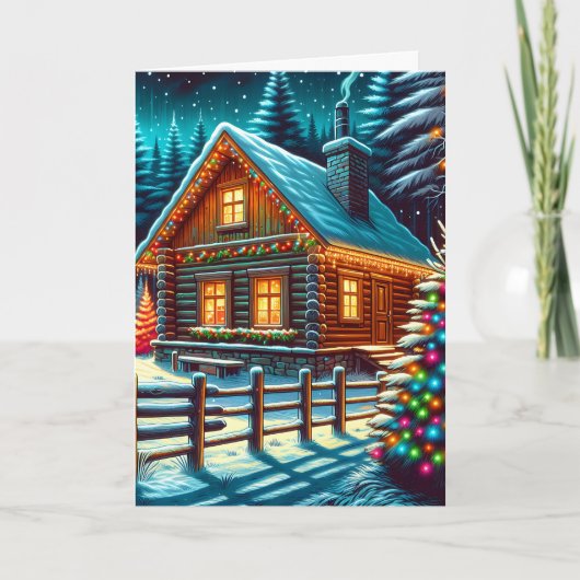 Log Cabin op kerstavond gepersonaliseerd Kaart (Voorkant)