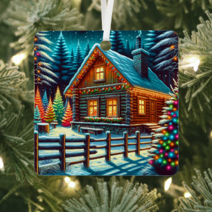 Log Cabin op kerstavond gepersonaliseerd Metalen Ornament