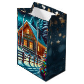 Log Cabin op kerstavond Medium Cadeauzakje (Voorkant Gekanteld)