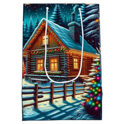 Log Cabin op kerstavond Medium Cadeauzakje (Achterkant)
