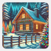 Log Cabin op kerstavond Vierkante Sticker (Voorkant)