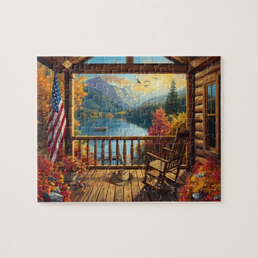 Log Cabin Porch Autumn Mountain Lake View Legpuzzel (Horizontaal)