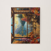 Log Cabin Porch Autumn Mountain Lake View Legpuzzel (Verticaal)