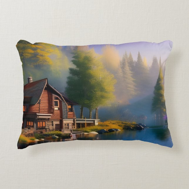 Log Cabin Retreat op het water Accent Kussen (Voorkant)